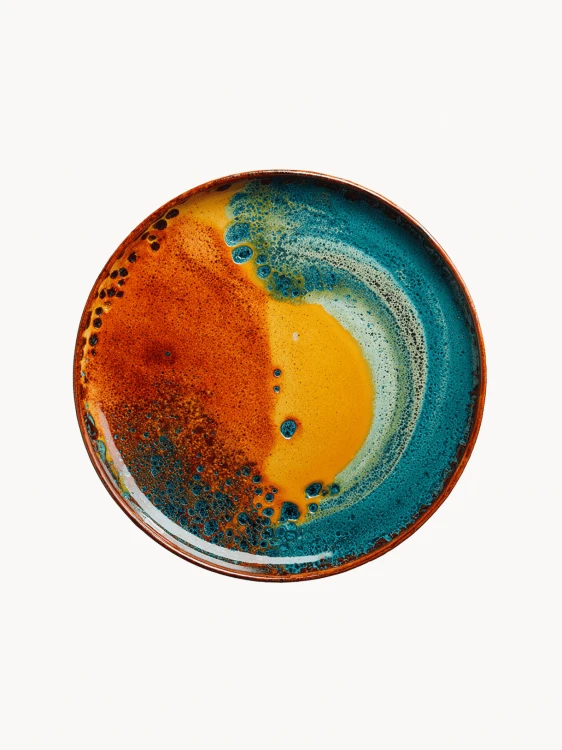 A top-down view on a flat ceramic plate with a vibrant, artistic glaze with a fiery orange center bleeding into a deep teal border.