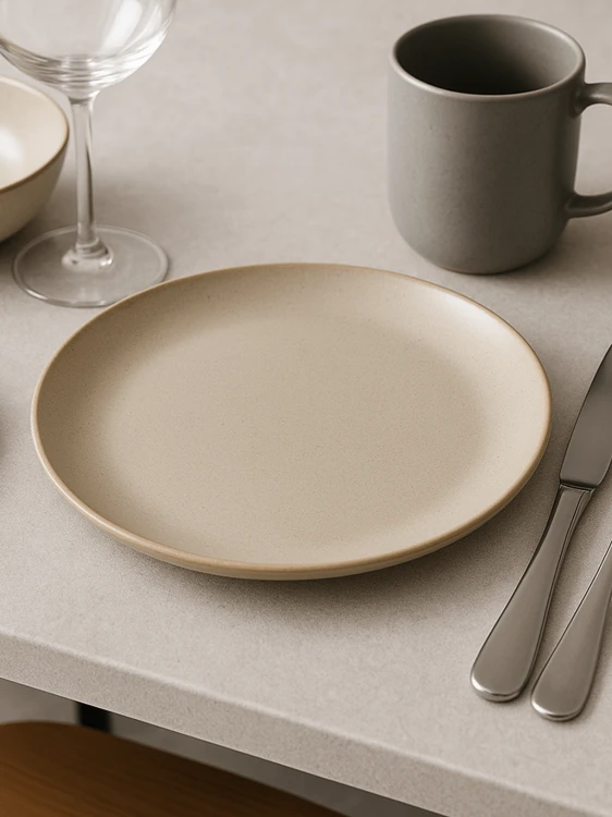 A matte, beige ceramic plate sits centered on a light grey countertop. The minimalist table setting includes a grey mug, silver cutlery, and an empty wine glass.