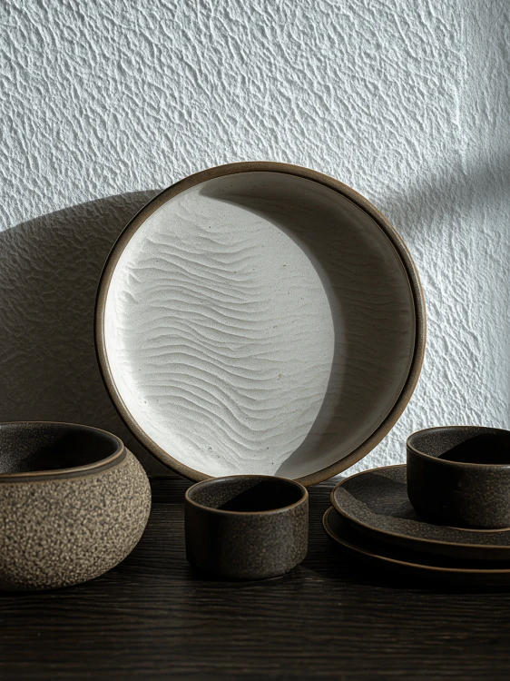 A large ceramic plate with a wavy, textured sand pattern leans against a white textured wall. It is surrounded by a matching dark brown tableware set, including small cups, bowls, and saucers under dramatic sunlight.