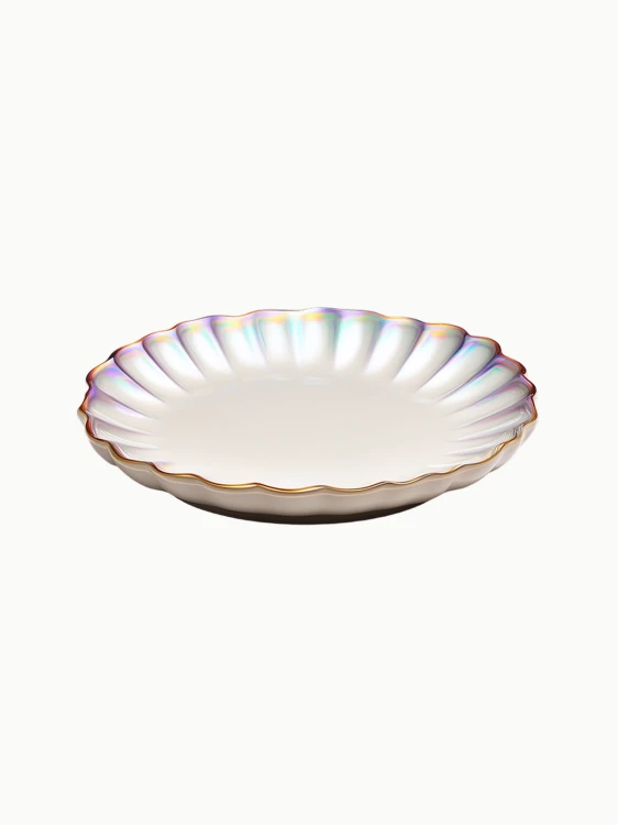 A round glass plate featuring a pleated, scalloped border with an iridescent, rainbow-like shimmer and a gold rim.