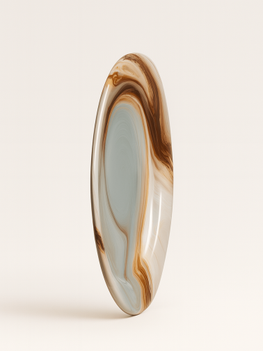 A round ceramic plate featuring a glossy marbled glaze with swirls of brown, ochre, white, and light grey. The product is isolated against a solid white background. The plate is shown in a vertical position, on a plain white background.