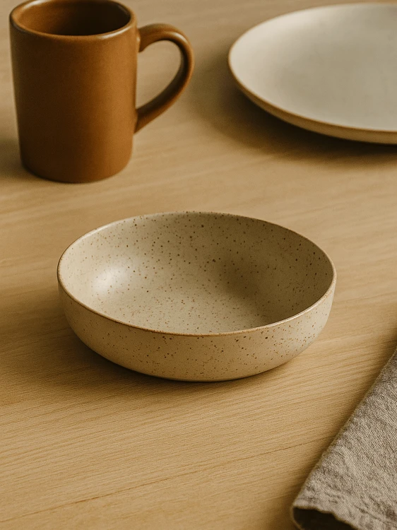 A shallow, speckled beige ceramic bowl is placed on a light wooden table. The minimalist tableware arrangement includes a brown mug, a matching plate, and a linen napkin in the background.