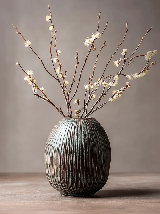 A dark brown, ribbed ceramic vase holding several bare branches with small white plum blossoms sits on a surface. The setting features a rustic, textured table against a solid, warm gray background.