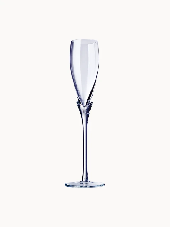 An elegant champagne glass with a smooth bowl, set on a tall, sleek stem.