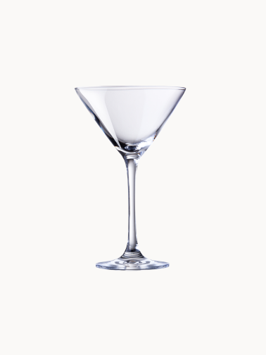 A classic, clear martini glass with a conical bowl resting on a slender stem.